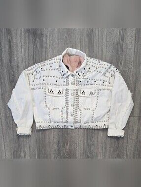 Ruby’s White Rhinestone Studded Denim Jacket Pink Faux-Fur Lined Y2K #530